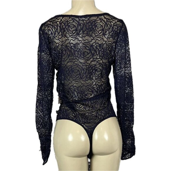 Free People L Navy Blue Sheer Lace Scoop Neck Long Sleeve In My Head Bodysuit - Picture 4 of 6